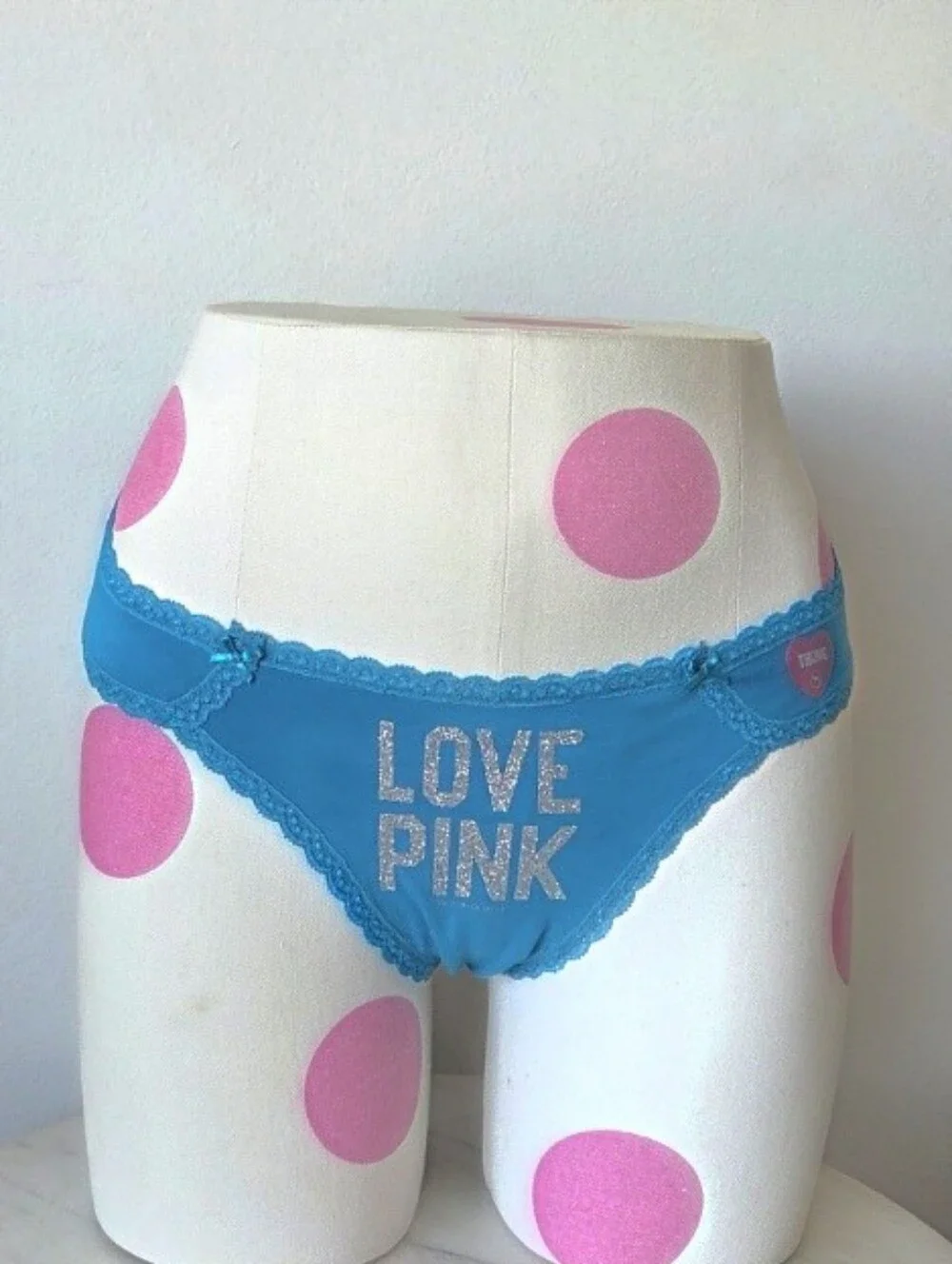 Victoria's Secret PINK VTG Blue LOVE PINK Glitter Thong Panty NWT HTF RARE Y2K